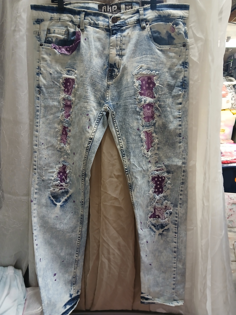 PHP Mens Light Wash Skinny Jeans with Purple Bandana Patches - HP